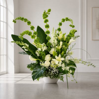 White floral arrangement in a white bowl with tall green accents