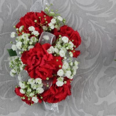 Corsage and Boutonniere Set Red Carnations and white ribbon
