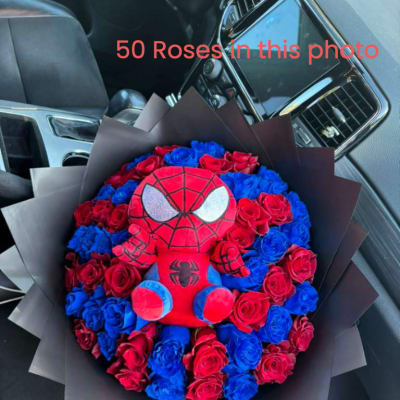 Bouquet of red and blue roses with a Spider-Man plush centerpiece