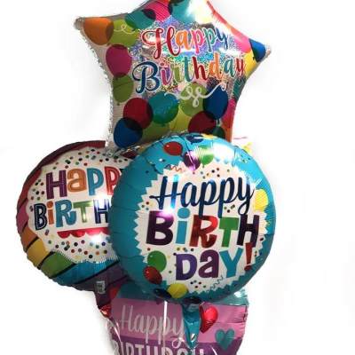 Cluster of colorful birthday balloons with "Happy Birthday" text