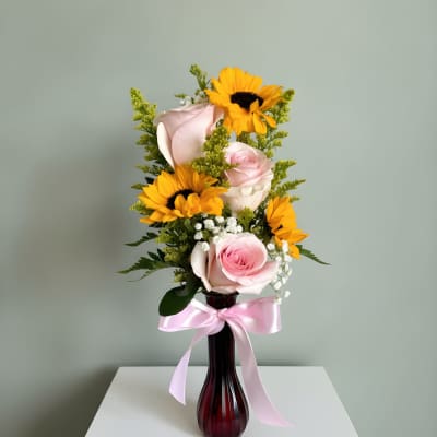 Pink Rose & Sunflower Vase Arrangement