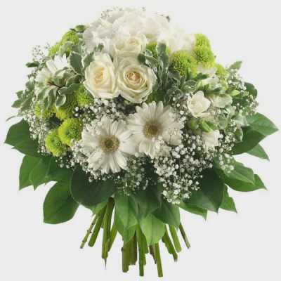 White roses and daisies in a hand-tied bouquet with green accents