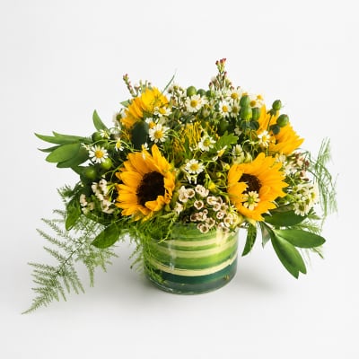 Sunflower and daisy bouquet in a striped glass vase