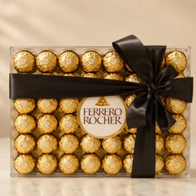 Box of Ferrero Rocher chocolates tied with a black ribbon