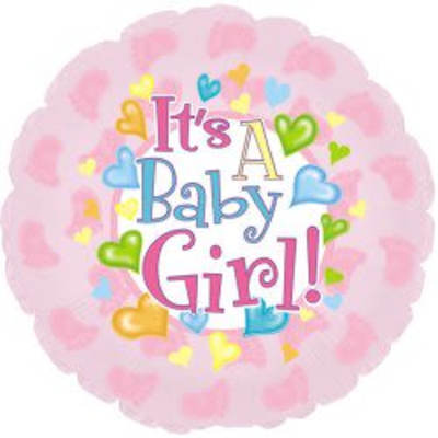 Round pink balloon with "It's A Baby Girl!" text and colorful hearts