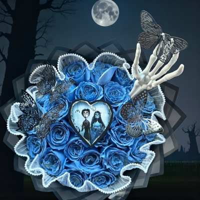 Blue rose bouquet with butterfly accents and a skeletal hand decoration