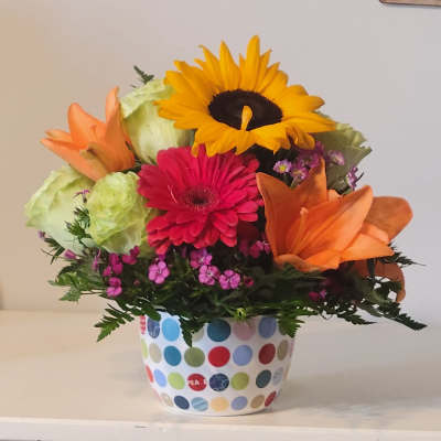 Mixed bouquet with a sunflower, gerbera daisy, lilies, and a polka-dot pot