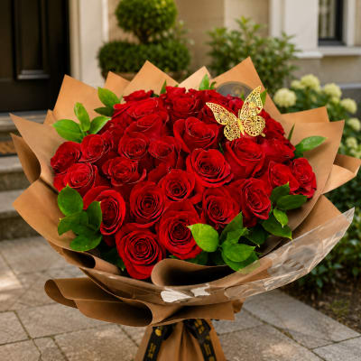 Bouquet of red roses wrapped in brown paper with green leaves