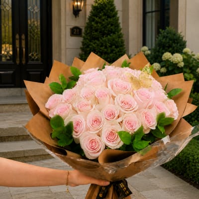 Bouquet of pale pink roses wrapped in brown paper with green leaves