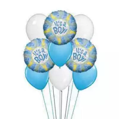 Cluster of blue and white balloons with "It's a Boy" printed on three balloons