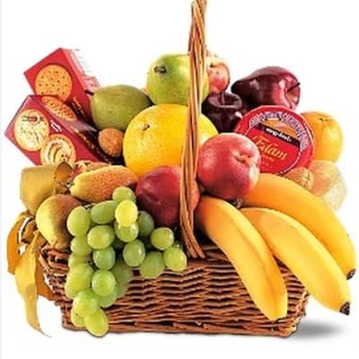 Fruit basket with bananas, grapes, apples, pears, and crackers