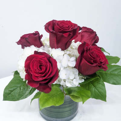 Red roses arranged with white hydrangeas in a glass vase