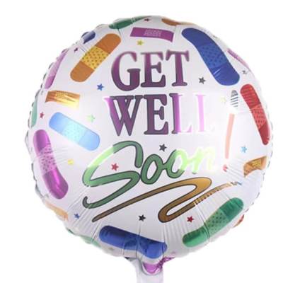 Round foil balloon with colorful bandage graphics and "GET WELL SOON" text
