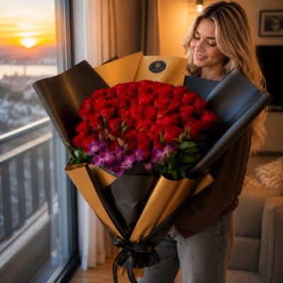 Woman holding a large bouquet of red roses with purple orchids