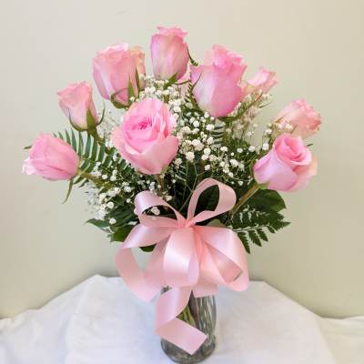 Dozen Long Stem Pink Roses with baby's breath
