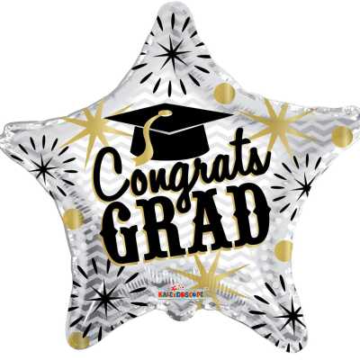 Star-shaped silver balloon with black and gold Congrats Grad text and graduation cap graphic