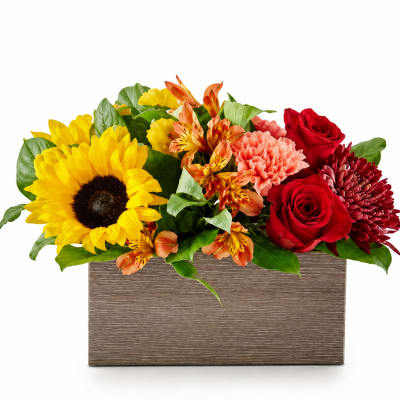 Mixed bouquet with sunflowers, red roses, and orange flowers in a wooden box