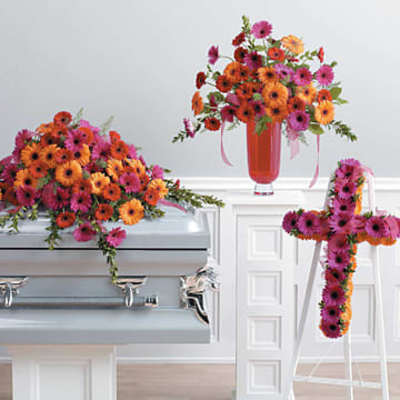 Gerber Daisy Casket Spray, Arrangement and Cross