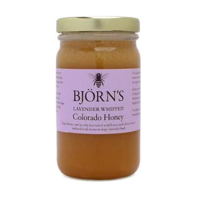 Jar of lavender whipped Colorado honey with a purple label