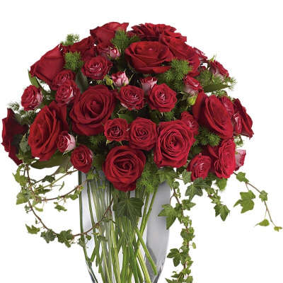 Red roses arranged in a clear glass vase with trailing ivy