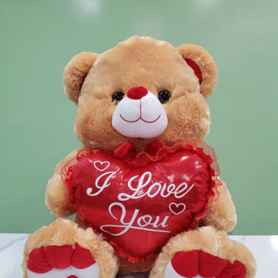Plush teddy bear holding a red heart pillow that says "I Love You"