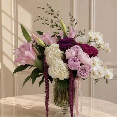 Pink and white floral arrangement in a glass vase
