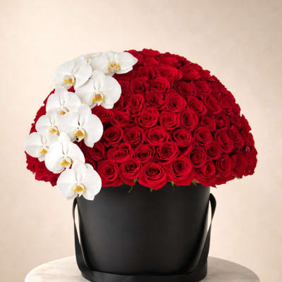 Red rose arrangement with white orchids in a black hatbox