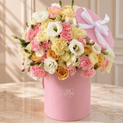 Pink hatbox arrangement of roses, carnations, and white blooms with a ribbon bow