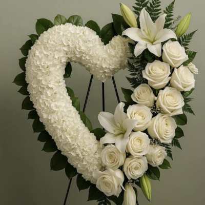 Heart-shaped white floral wreath on a stand with roses and lilies