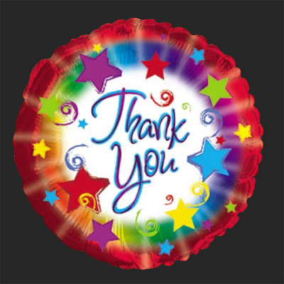 Round foil balloon with colorful stars and the words Thank You