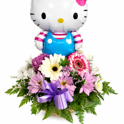 Hello Kitty balloon above a basket of mixed flowers with a purple ribbon