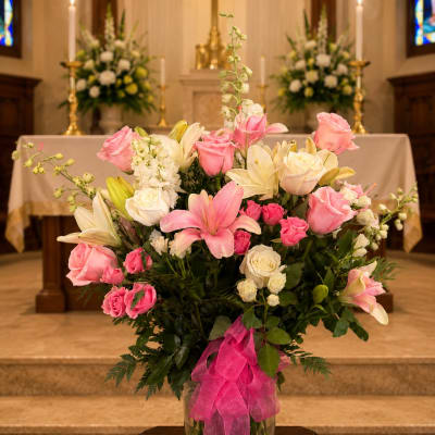 Pink and white floral arrangement in a glass vase with a pink ribbon