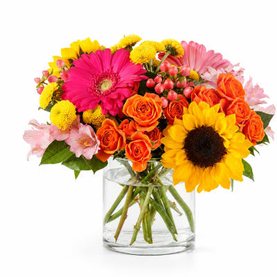 Bright mixed bouquet of roses, gerbera daisies, sunflowers, and mums in a glass vase