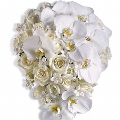 Teardrop bridal bouquet of white roses, orchids, and small white blossoms in a cascading design