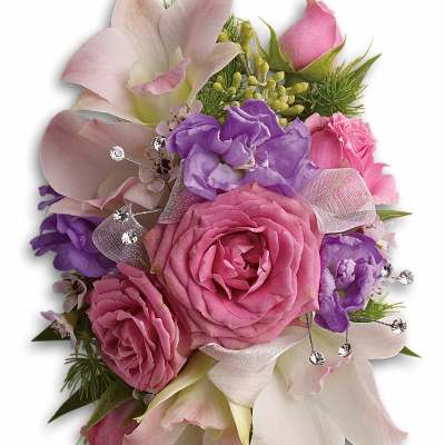Pink rose and lavender corsage with pale orchids, ribbon, and rhinestone accents