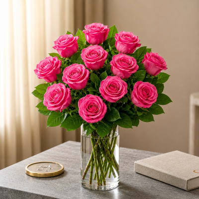 Pink roses arranged in a clear glass vase