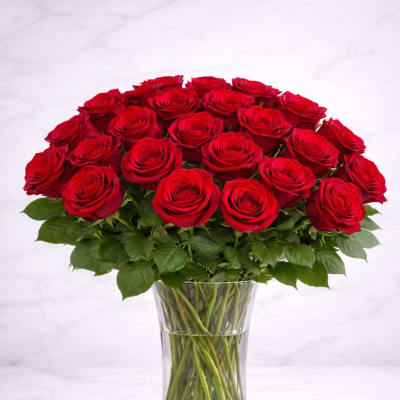 Red roses arranged in a clear glass vase