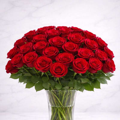 Large bouquet of red roses in a clear glass vase