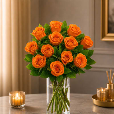 Orange roses arranged in a clear glass vase