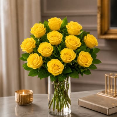 Yellow roses arranged in a clear glass vase