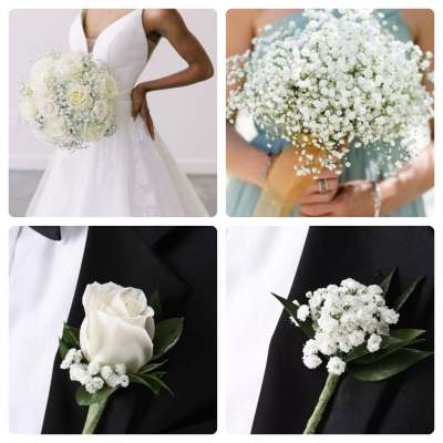 Wedding bouquet of white roses and baby's breath, plus white boutonnieres
