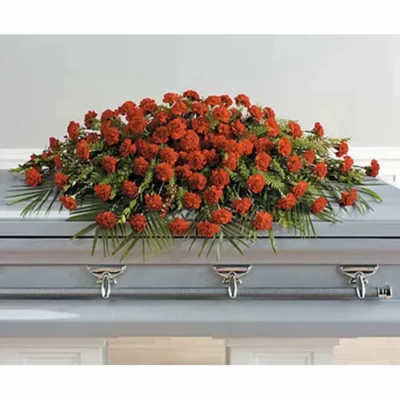 Red carnation casket spray with palm fronds draped over a light gray casket