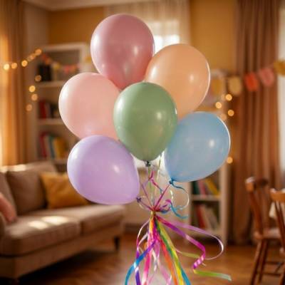 Cluster of pastel balloons with curling ribbons in a living room