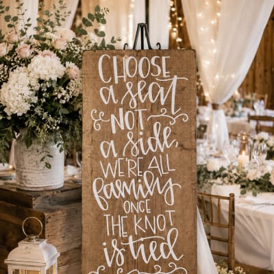 Wooden wedding sign on an easel beside white floral arrangements and a lantern