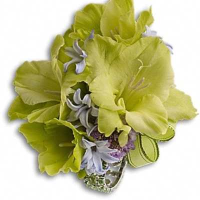 Green and lavender floral corsage with a jeweled wristband
