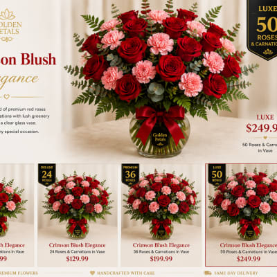 Red roses and pink carnations arranged in a clear glass vase with a ribbon.