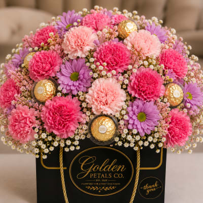 Pink and purple flower arrangement in a black gift box with gold chocolates