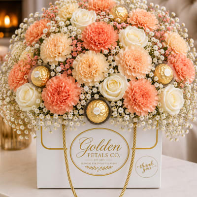 Peach and white floral arrangement in a white gift bag with gold accents