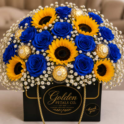 Blue roses and sunflowers arranged with gold chocolates in a black gift bag