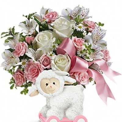 Pink and white bouquet with a plush lamb on wheels